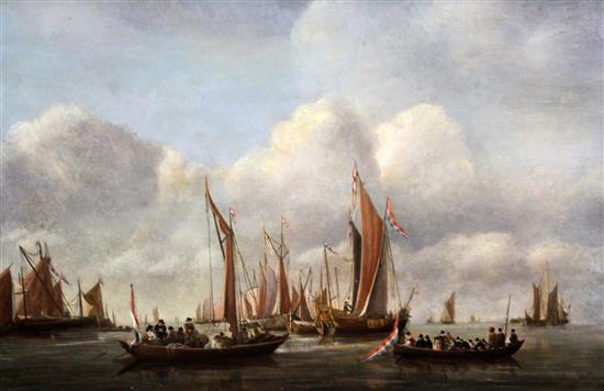 Attributed to Francois Musin (1820-1888) A Royal barge and other shipping off the coast 19 x 29in.